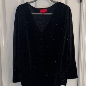 Jennifer Lopez Elegant Black Sequin Blouse long sleeves & crisscross neckline L